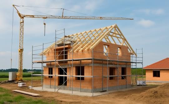 Rohbau eines Hauses mit Gerüst und Kran