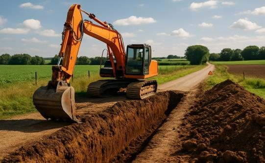 Bagger hebt einen langen Graben am Feldweg aus